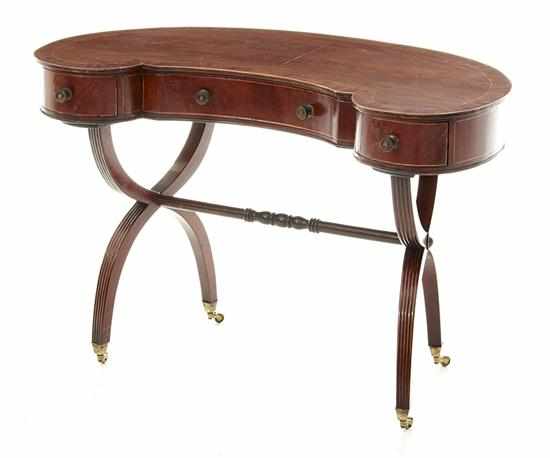 Appraisal: Regency style inlaid mahogany kidney desk late th century kidney-shaped