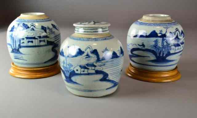 Appraisal: CHINESE MING-STYLE SALT GLAZED POTSSet of three similar blue and