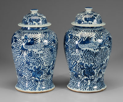 Appraisal: Pair Chinese lidded jars blue and white phoenixes and lotuses