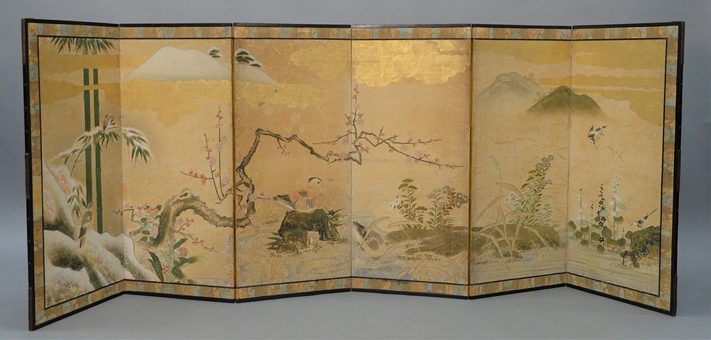 Appraisal: Six Panel Japanese Paper Screen depicting ponds edge with ducks