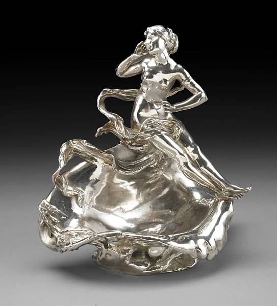 Appraisal: An Art Nouveau silvered metal figural dish circa height in