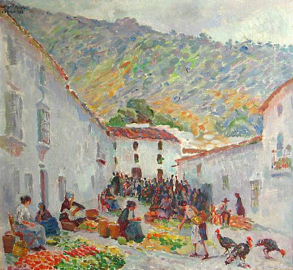 Appraisal: Francisco Prieto Spanish - Spanish street scene with farmer's market