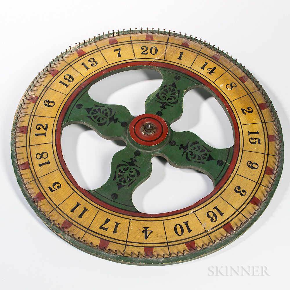 Appraisal: Paint-decorated Wooden Wheel of Chance Paint-decorated Wooden Wheel of Chance