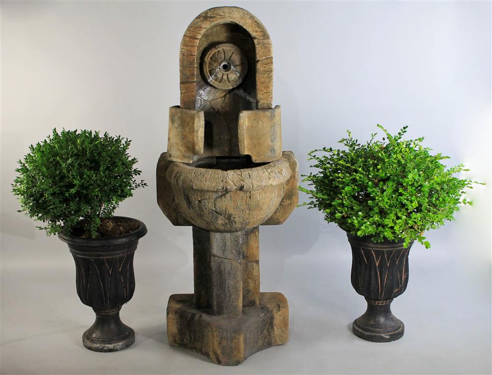 Appraisal: STONE CARVED RECESSED WALL FOUNTAIN WITH PAIR OF BLACK COMPOSITE