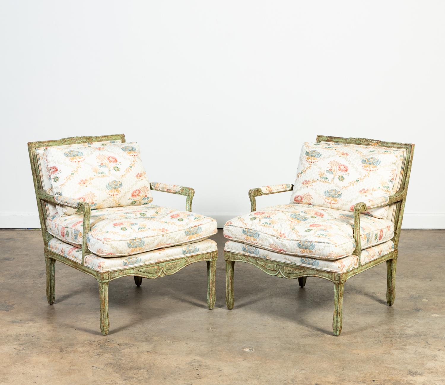 Appraisal: PR MINTON-SPIDELL DISTRESSED PAINTED FAUTEUILS Minton Spidell American founded pair