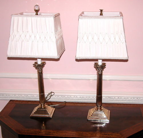 Appraisal: Sheffield Silver Plate Columnar Candlestick Lamps having Corinthian columns and