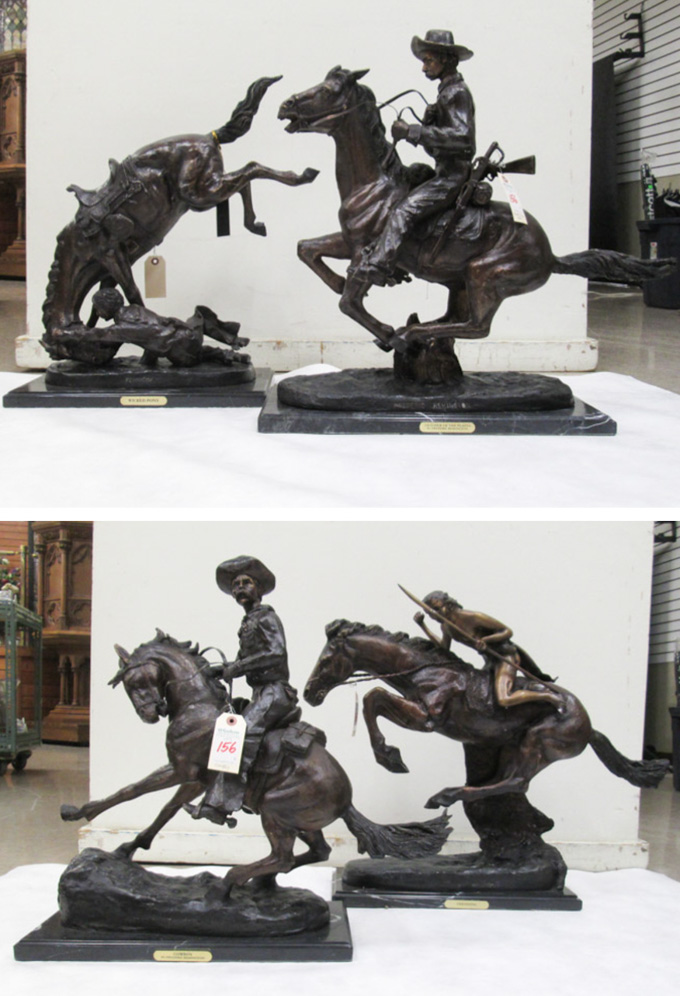 Appraisal: FOUR WESTERN BRONZE SCULPTURES after the works of Frederic Sackrider