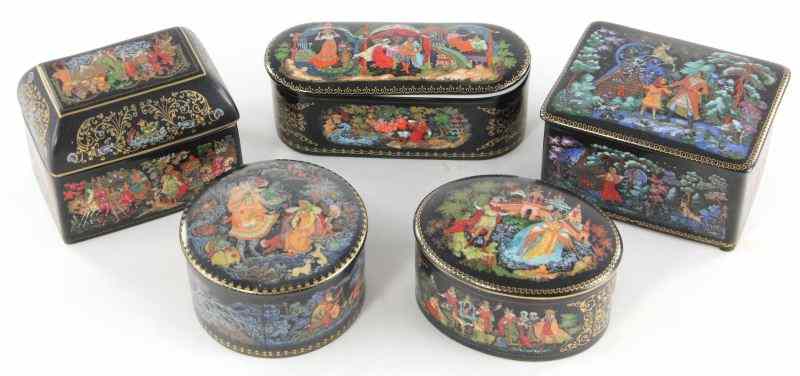 Appraisal: Group of Five Russian Porcelain Boxesthree dated two dated decorated