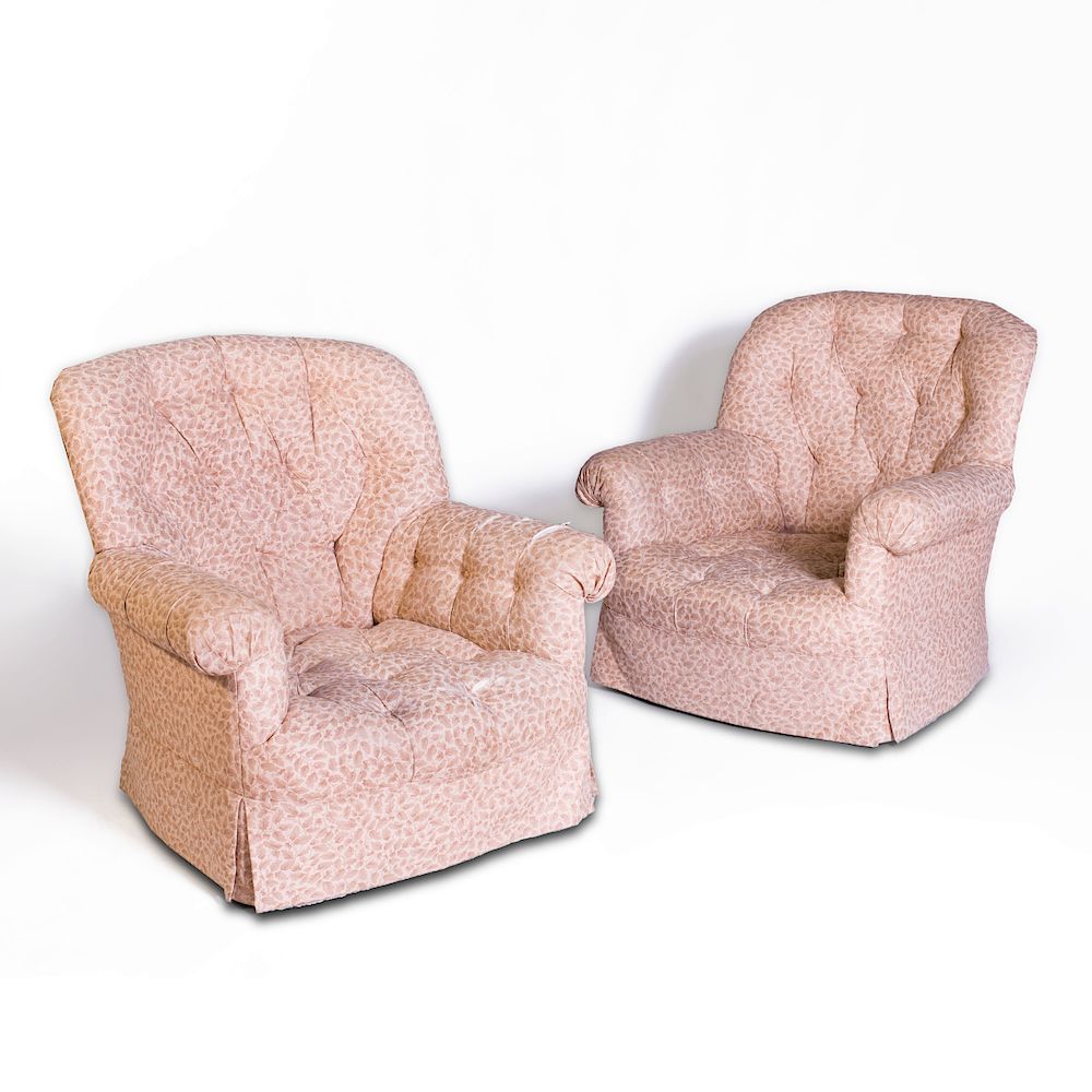 Appraisal: Pair of Tufted Linen Upholstered Club Chairs x x in