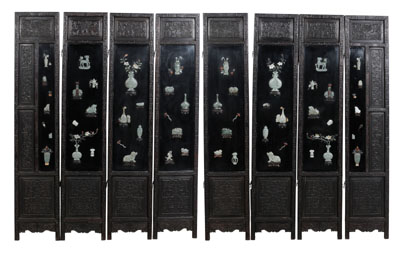 Appraisal: Eight-Panel Embellished Screen Chinese th century exotic hardwood frames borders