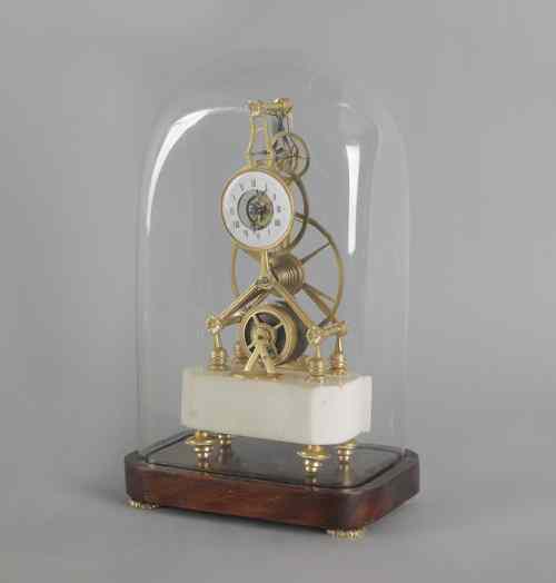 Appraisal: English skeleton clock on a marble base under a dome