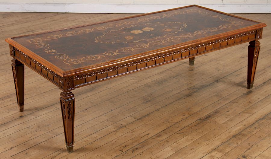 Appraisal: CARVED INLAID BURLED WALNUT COFFEE TABLE Carved inlaid and burled