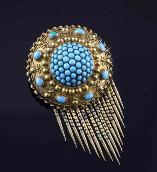 Appraisal: A Victorian gold and turquoise target brooch with fringe drop