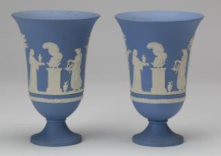 Appraisal: Wedgewood jasperware urns marked h Pair of th century blue