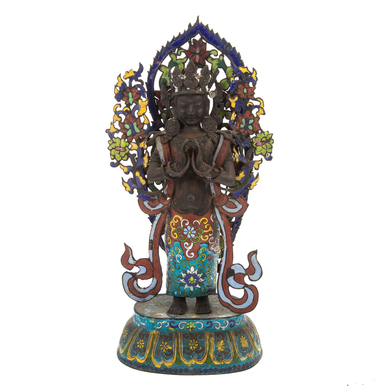 Appraisal: CHINESE CLOISONNE ENAMEL COPPER BODHISATTVA Guangxu Era circa - patinated