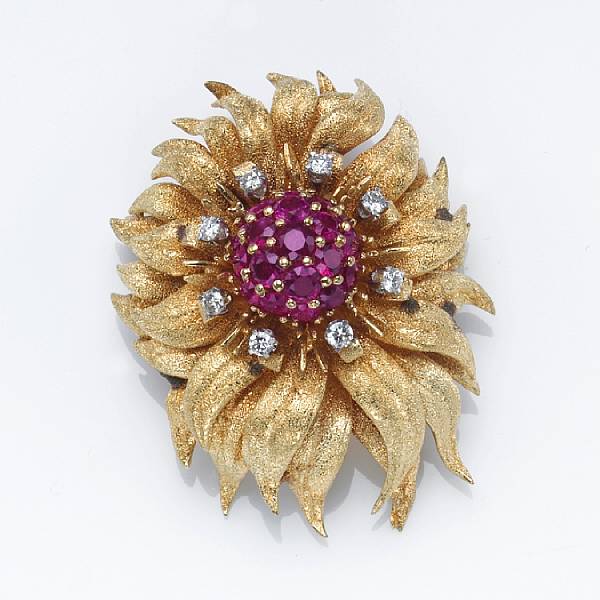 Appraisal: A ruby diamond and k gold flower brooch