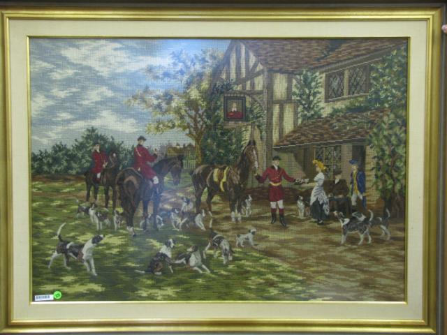 Appraisal: Framed Vintage Needlepoint Hunt Scene with figures departing for the