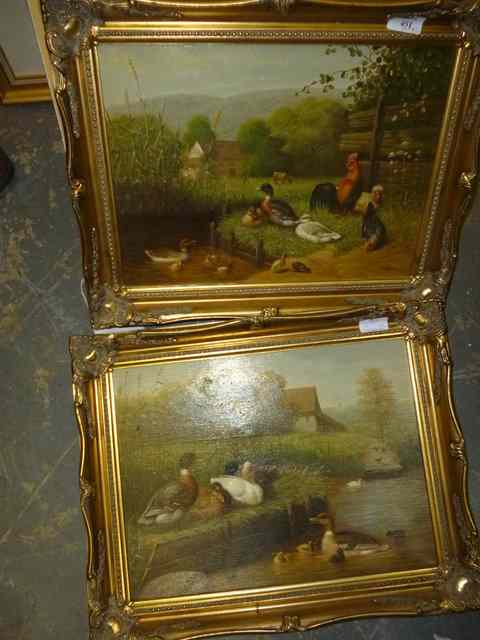 Appraisal: A DECORATIVE PICTURE OF DUCKS on an beside a pond