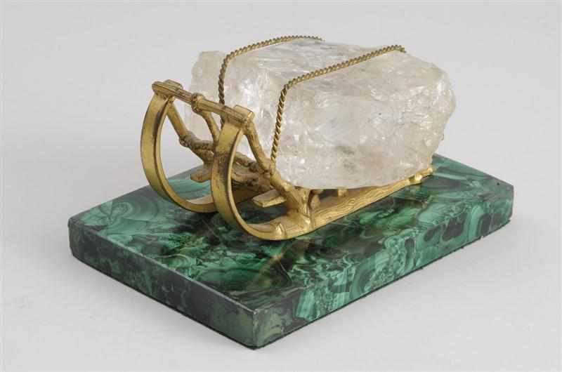 Appraisal: RUSSIAN GILT-BRONZE AND ROCK CRYSTAL SLED ON MALACHITE BASE The