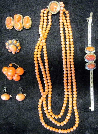 Appraisal: Group of pink coral jewelryIncluding a triple strand necklace ring