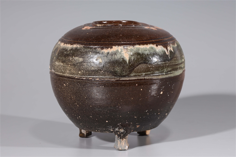 Appraisal: Chinese green and brown glazed tong dynasty jar with three