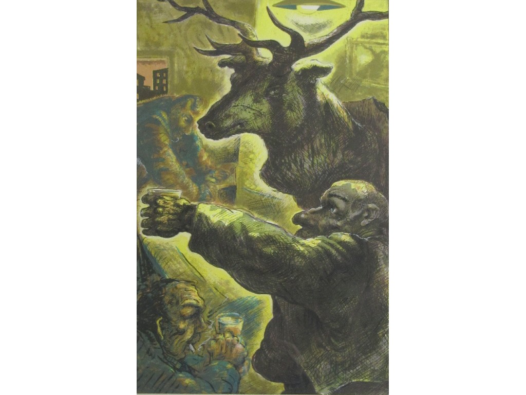 Appraisal: PETER HOWSON b Lithograph in colours 'Stag Night' x