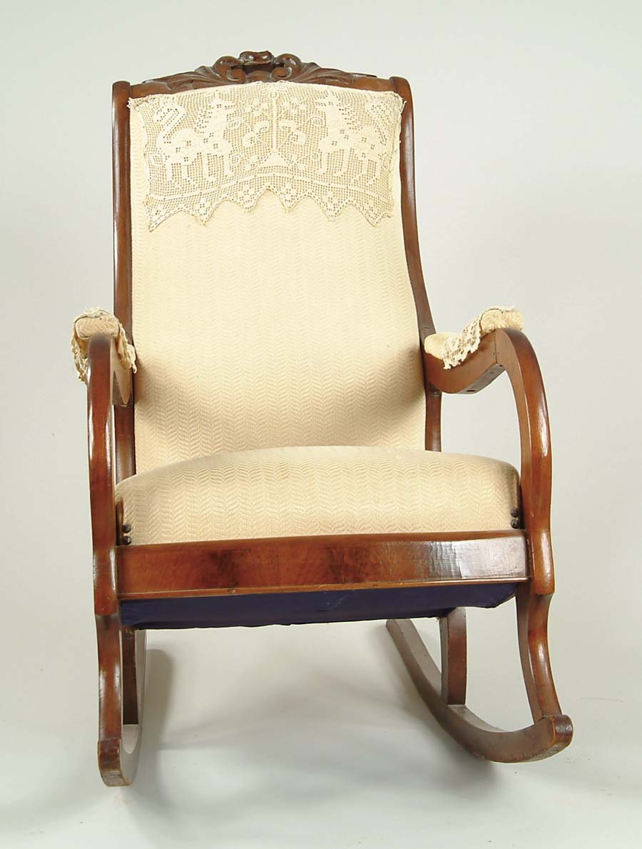 Appraisal: ROSE CARVED WALNUT LADIES ROCKER Open padded arms with shaped