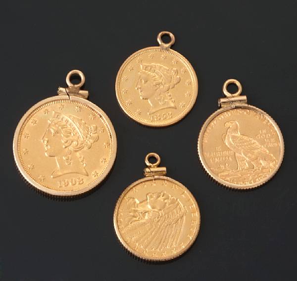 Appraisal: A collection of seven gold coin pendants g