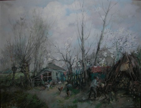 Appraisal: DORUS VAN OORSCHOT DUTCH - PREPARING FIREWOOD Signed oil on