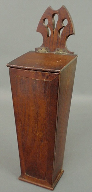 Appraisal: Walnut hanging candle box th c with a carved pierced