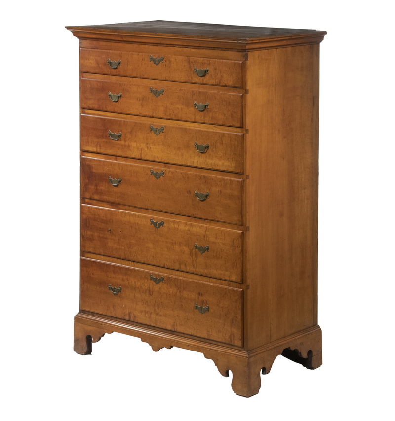 Appraisal: TH C SIX-DRAWER TIGER MAPLE CHEST Chippendale Chest with flat