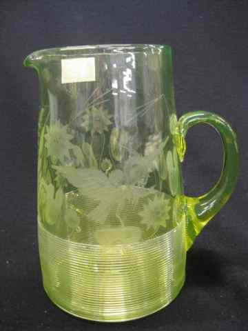 Appraisal: Victorian Vaseline Art Glass Pitcher bird foliage with threaded base