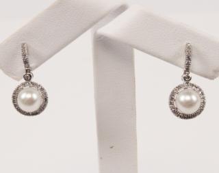 Appraisal: PAIR OF K WHITE GOLD PEARL AND DIAMOND EARRINGS HAVING