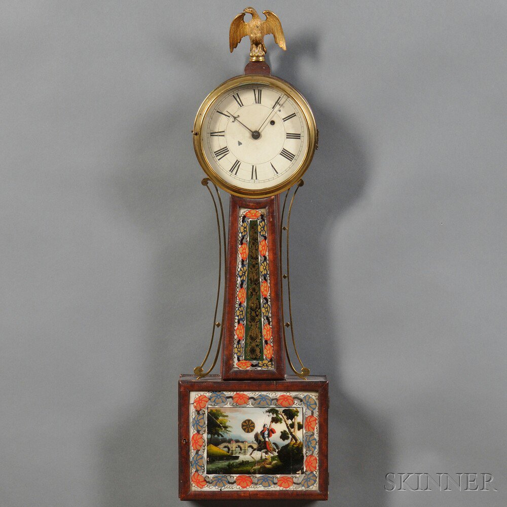 Appraisal: Mahogany Patent Timepiece or Banjo Clock Massachusetts c painted iron