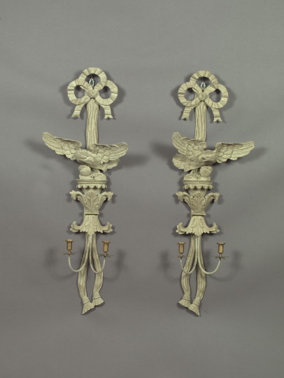 Appraisal: Large Pair of English Carved and Matte Gray-Painted Pine and