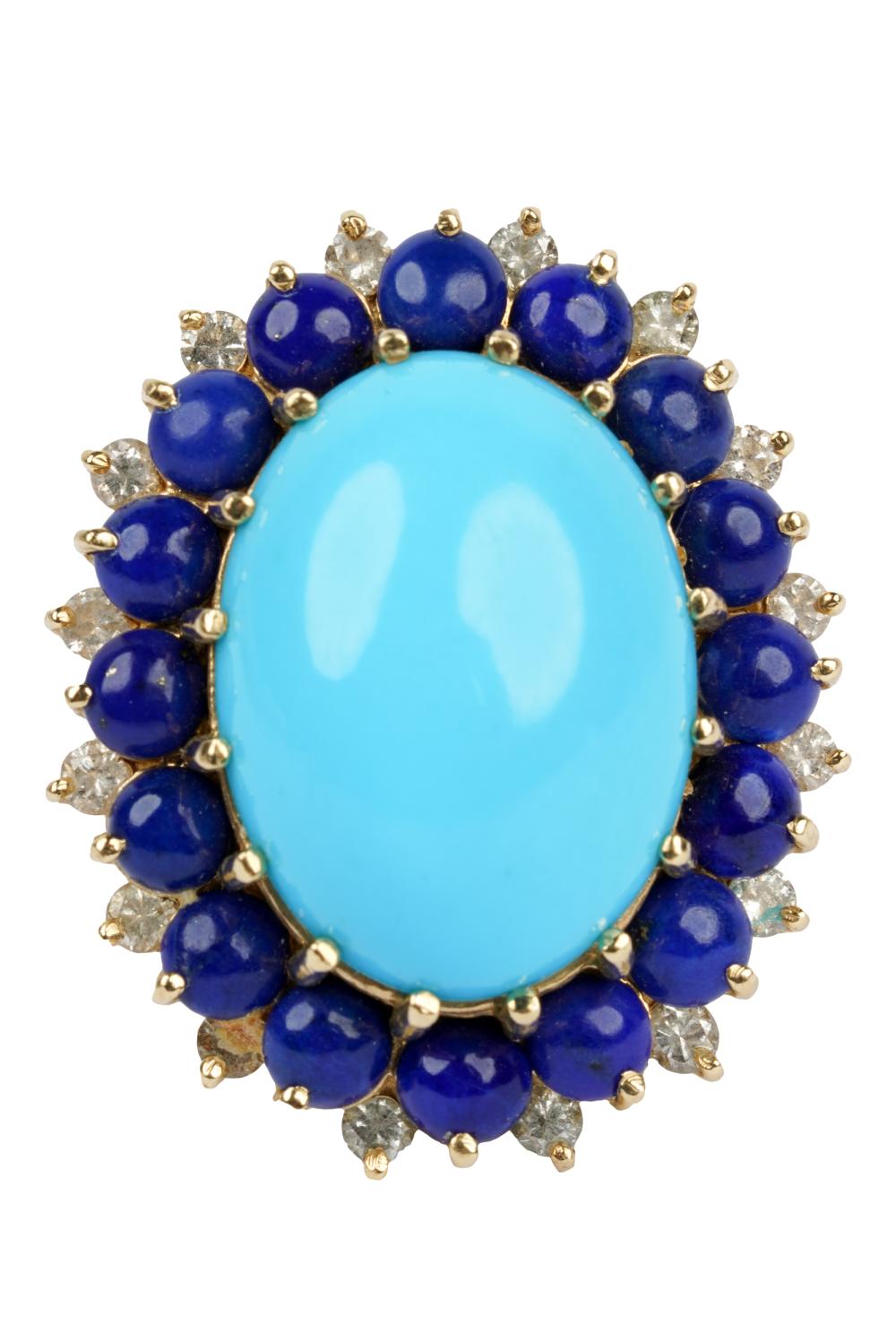 Appraisal: KARAT YELLOW GOLD RECONSTRUCTED TURQUOISE LAPIS LAZULI DIAMOND RINGcentering one