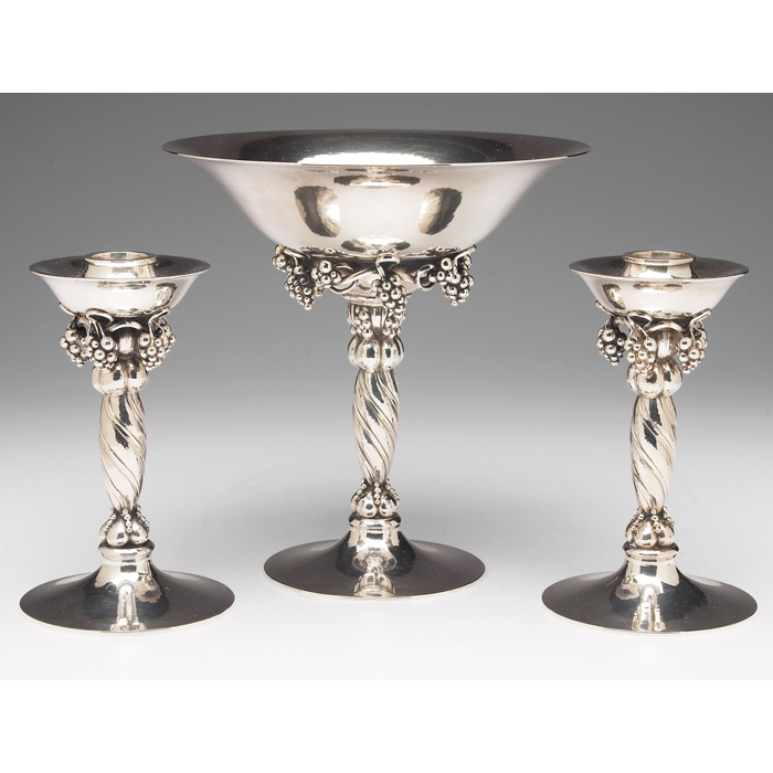 Appraisal: Georg Jensen candlesticks and compote three pieces sterling silver with