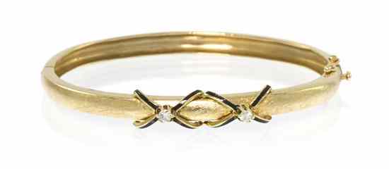 Appraisal: A Karat Yellow Gold Diamond and Enamel Bangle Bracelet containing