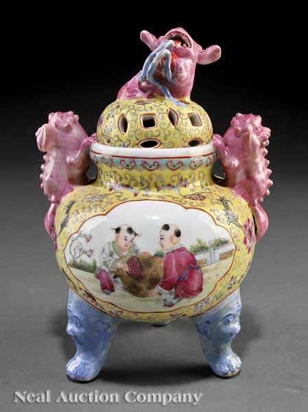 Appraisal: A Chinese Famille Rose Decorated Yellow Ground Porcelain Tripod Censer