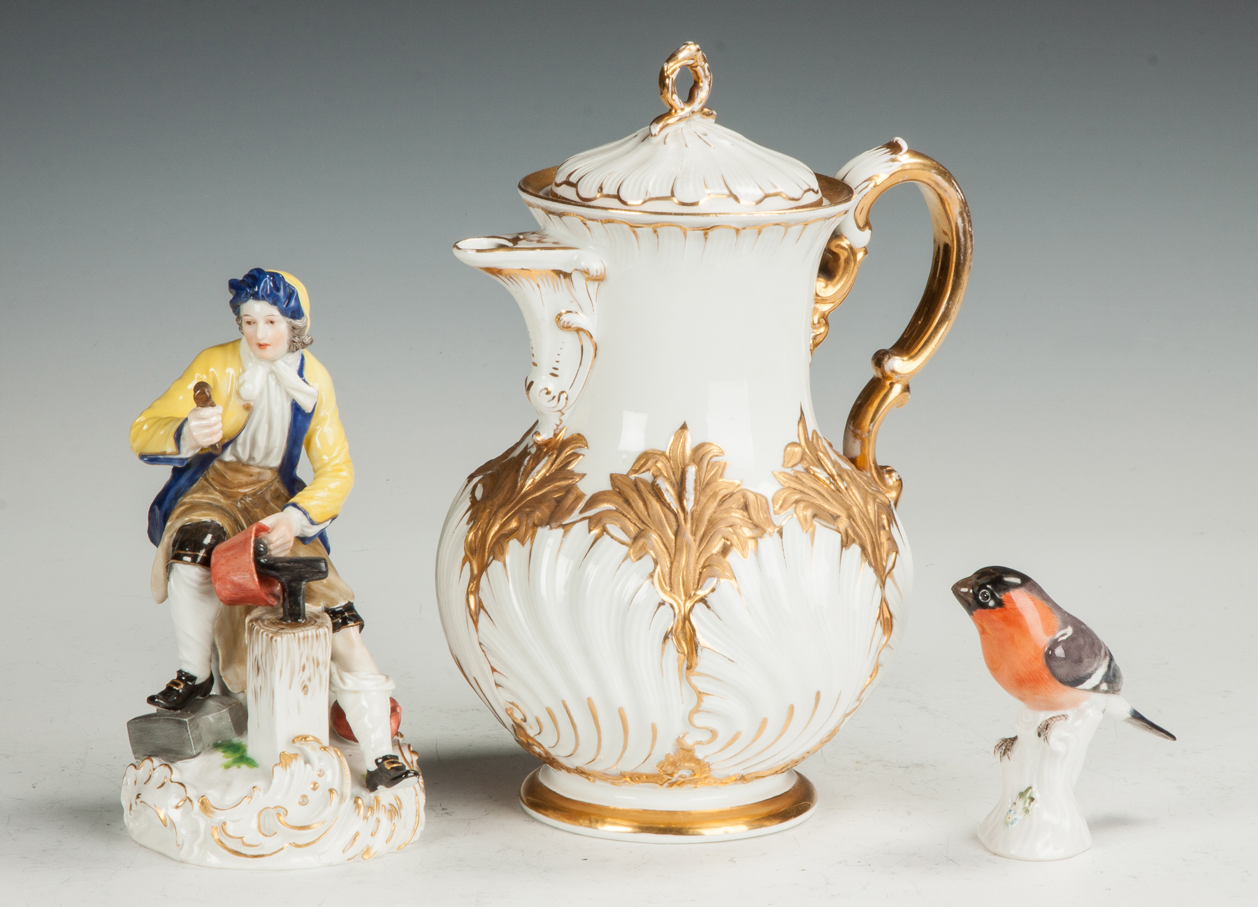 Appraisal: Meissen Coppersmith Gold Leaf Coffee Pot Bird th cent