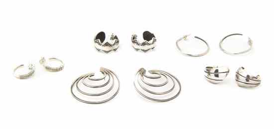 Appraisal: Five Pairs of Sterling Silver Hoop Earrings in various sizes