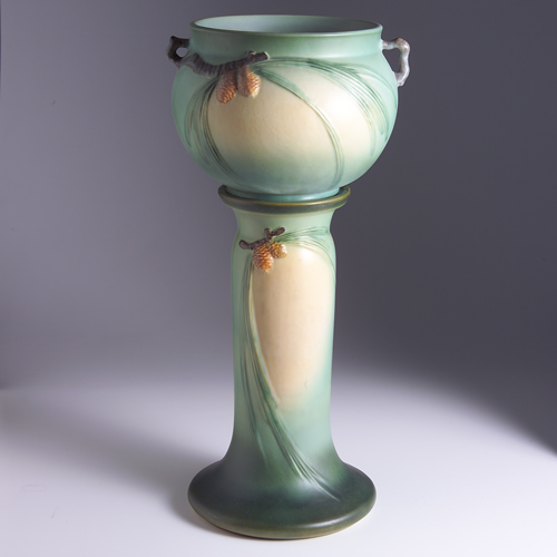 Appraisal: ROSEVILLE Green Pine Cone jardiniere and pedestal - Line to