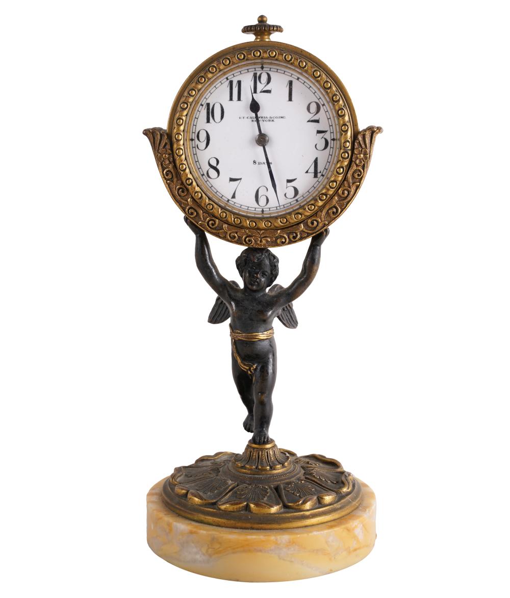 Appraisal: BRONZE GILT BRONZE FIGURAL MANTLE CLOCKthe dial signed E F