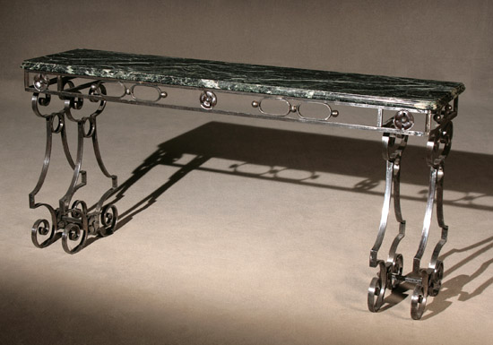 Appraisal: French Wrought Steel and Green Marble Top Console After a