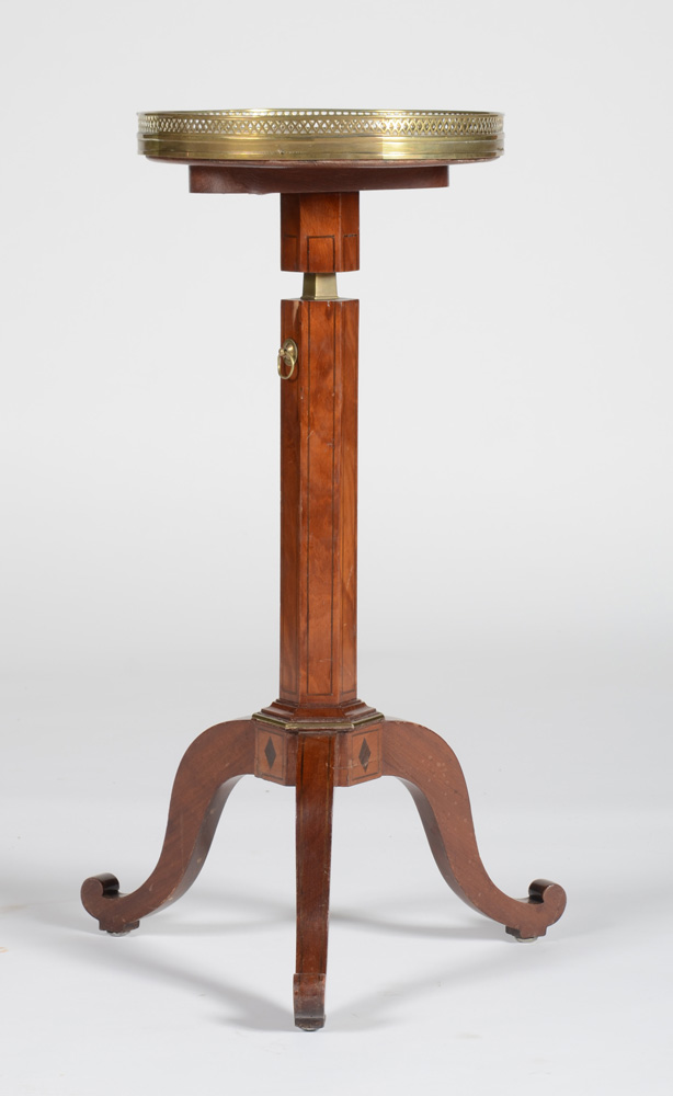 Appraisal: DIRECTOIRE STYLE BRASS-MOUNTED INLAID MAHOGANY CANDLESTAND With a pierced brass