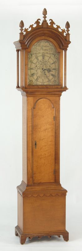 Appraisal: REPRODUCTION LONG-CASE GRANDFATHER CLOCK In tiger maple Roxbury-type bonnet with