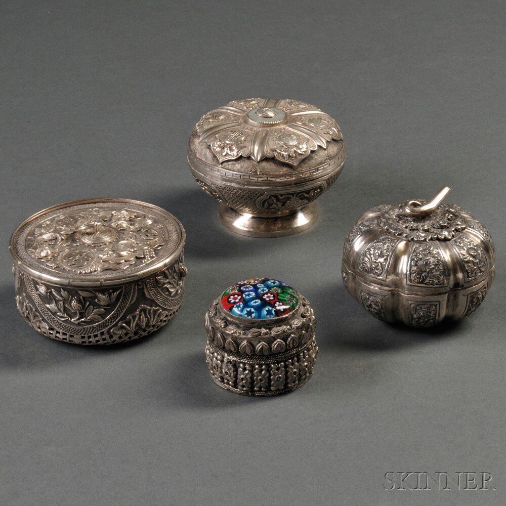 Appraisal: Four Asian Silver Boxes two Chinese one circular with jade