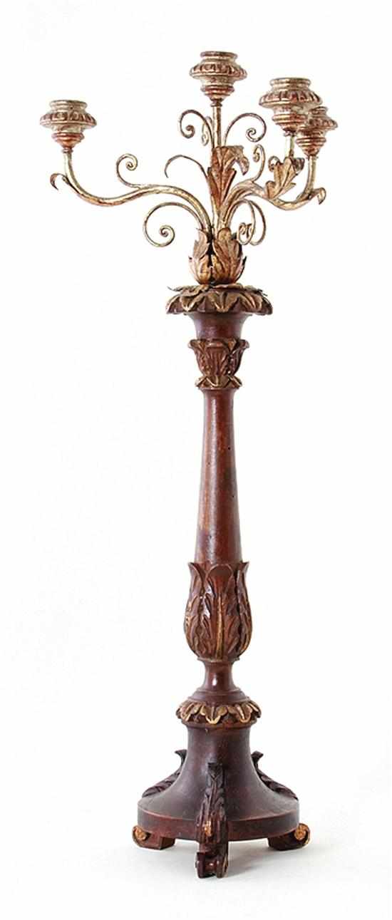 Appraisal: Continental parcel-gilt carved wood four-light candelabrum late th early th