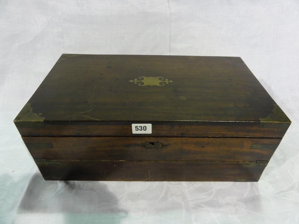 Appraisal: A mahogany military style writing box with brass banded corners