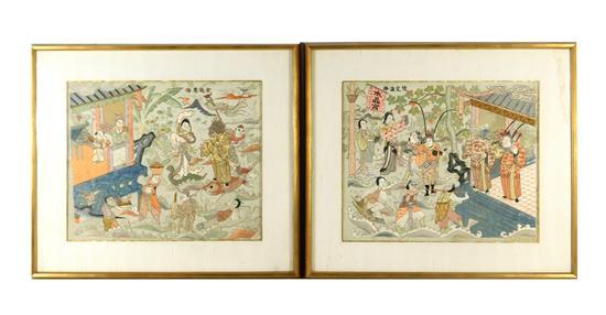 Appraisal: Two Japanese framed silk embroideries th C depicting figural scenes